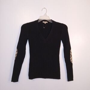 Burberry Black V-Neck Sweater with Check Elbow Patches